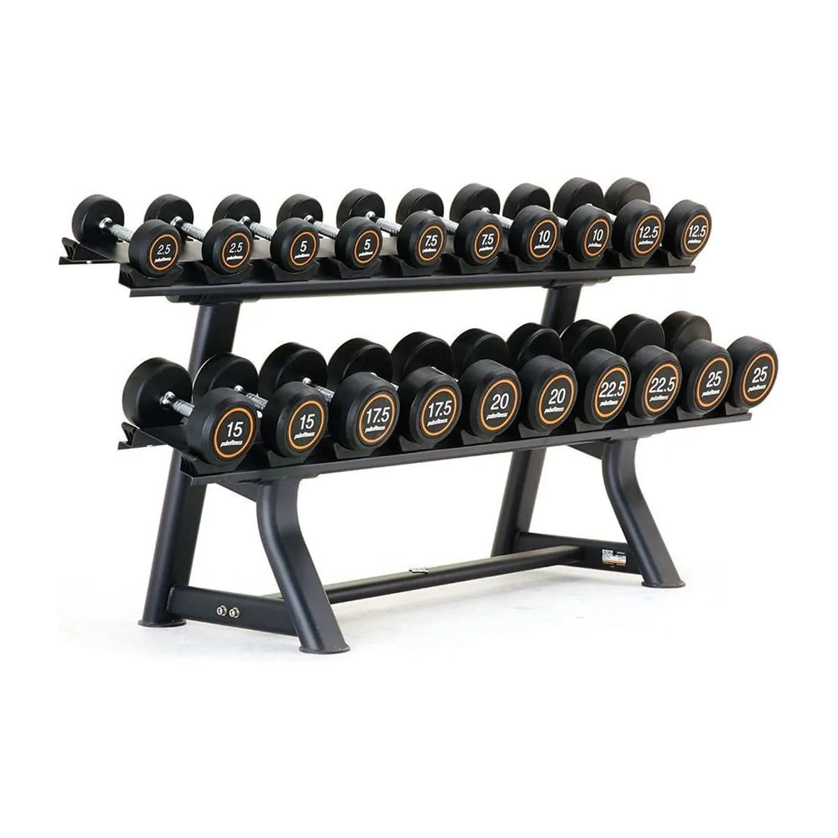 Pulse Fitness UK Club Line Rubber Covered Dumbbell Set 2.5kg 25kg in 2.5kg increments with Conical Handgrips (in Pairs) on a Double-Tier (Horizontal) Dumbbell Rack (holds 10 Pairs)