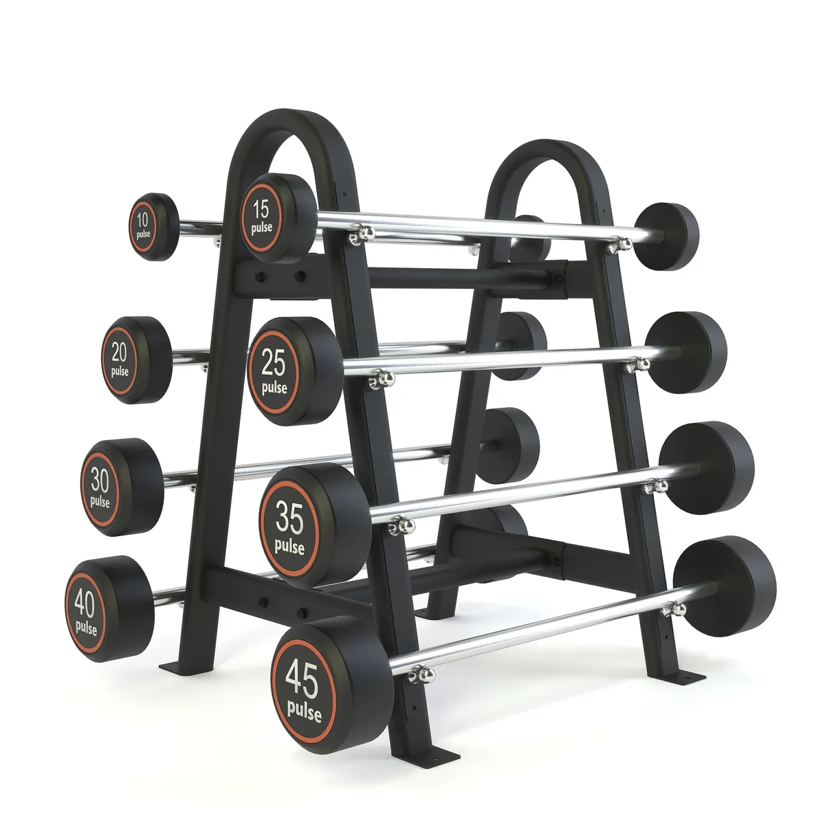 Pulse Fitness UK Classic Rubber Covered Barbell Set 10, 45kg in 5kg increments on a Vertical Rack (8 Bars)