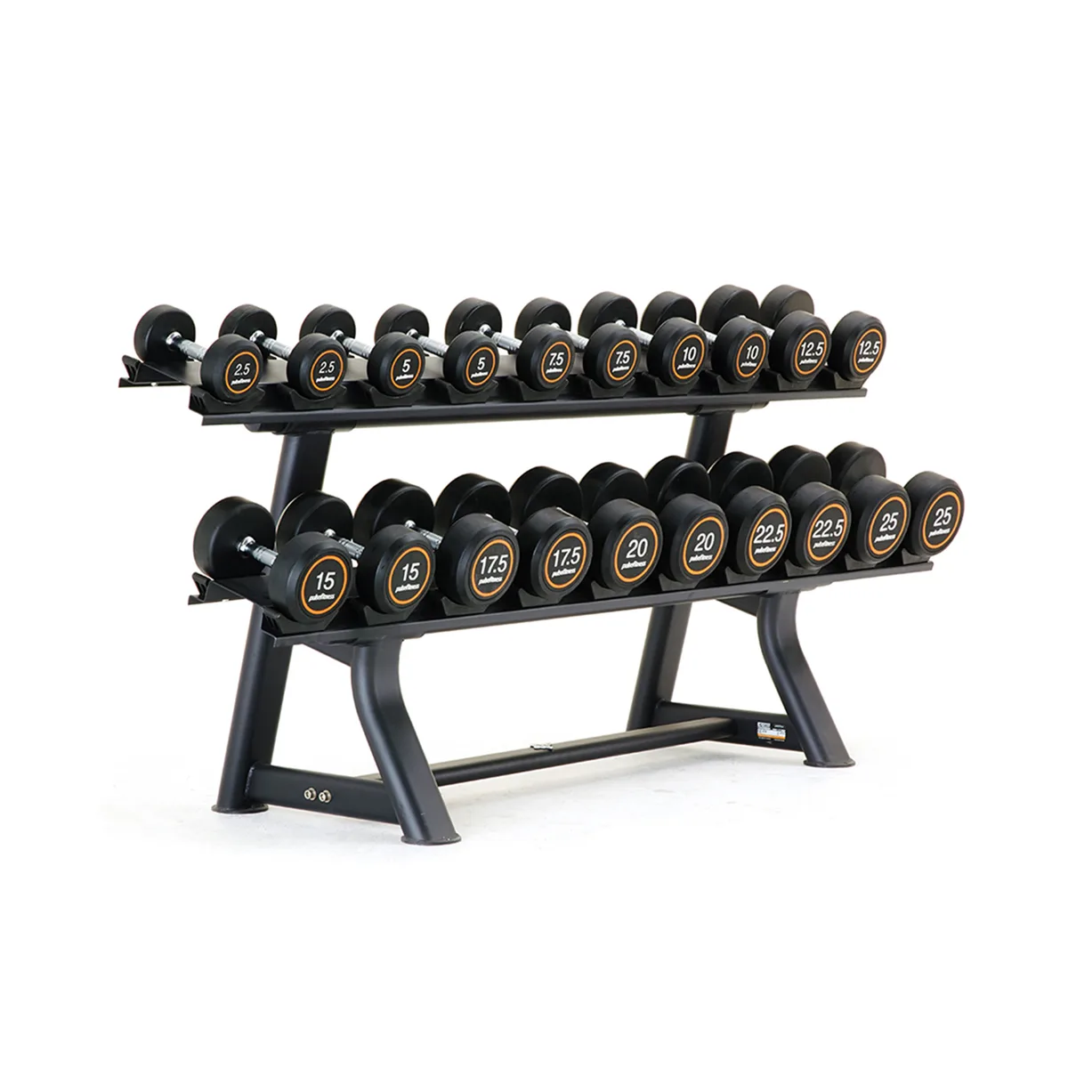 Pulse Fitness UK Club Line Rubber Covered Dumbbell Set 2.5kg 25kg in 2.5kg increments with Conical Handgrips (in Pairs) on a Double-Tier (Horizontal) Dumbbell Rack (holds 10 Pairs)