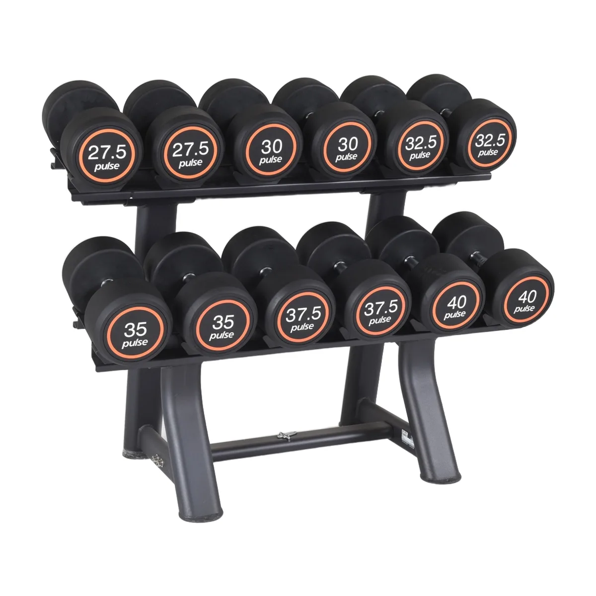 Pulse Fitness UK Club Line Rubber Covered Dumbbell Set 27.5kg 40kg in 2.5kg increments with Conical Handgrips (in Pairs) on a Double-Tier (Horizontal) Dumbbell Rack (holds 6 Pairs)