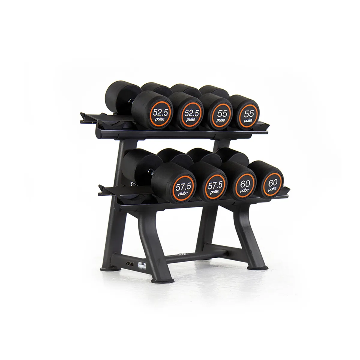 Pulse Fitness UK Club Line Rubber Covered Dumbbell Set 52.5kg 60kg in 2.5kg increments with Conical Handgrips (in Pairs) on a Double-Tier (Horizontal) Dumbbell Rack (holds 6 Pairs)