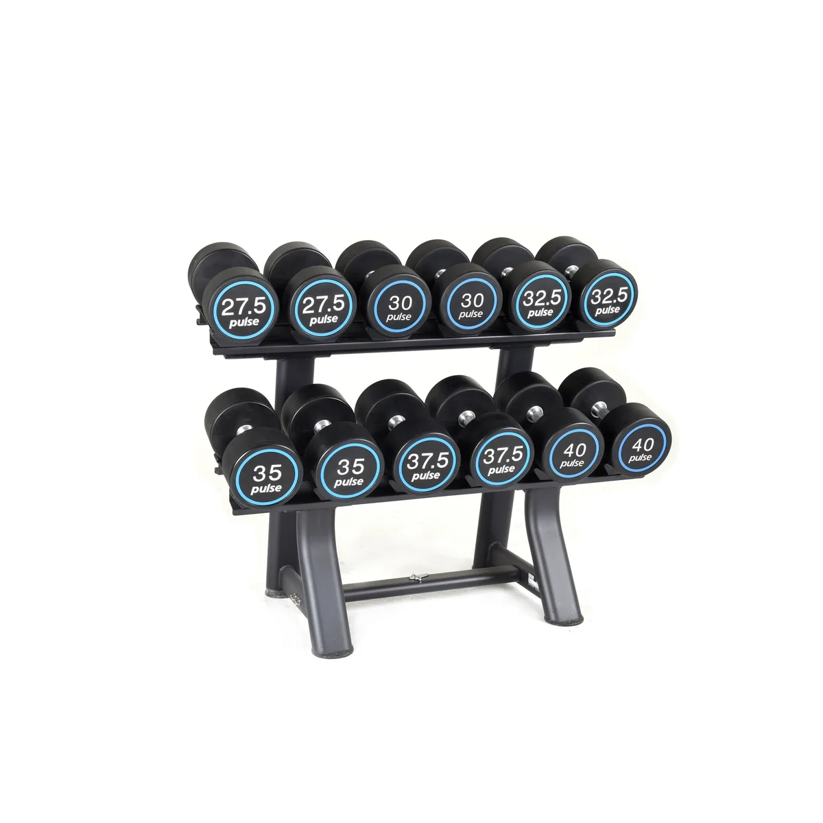 Pulse Fitness UK Premium Polyurethane Covered Dumbbell Set 27.5kg 40kg in 2.5kg increments with Conical Handgrips (in Pairs) on a Double-Tier (Horizontal) Dumbbell Rack (holds 6 Pairs)