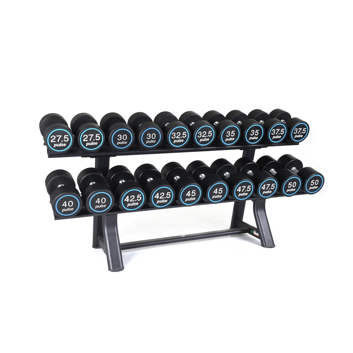 Pulse Fitness UK Premium Polyurethane Covered Dumbbell Set 27.5kg 50kg in 2.5kg increments with Conical Handgrips (in Pairs) on a Double-Tier (Horizontal) Dumbbell Rack (holds 10 Pairs)