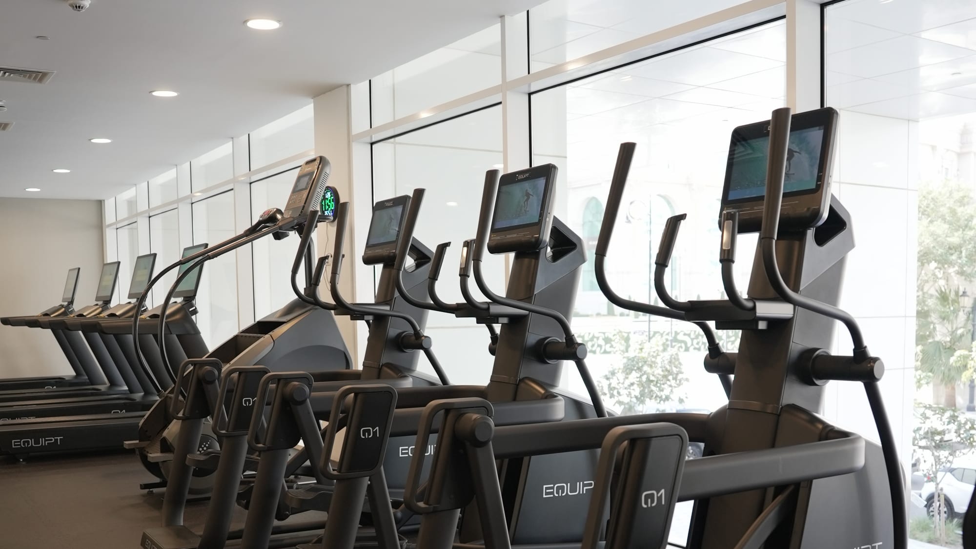 A finished Equipt cardio line along a curtain wall.